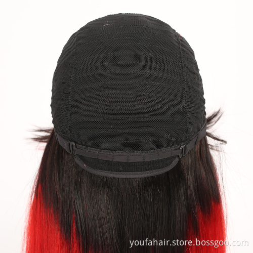 Cheap Price Remy Human Hair Straight 1b Red Ombre Color Bangs Wig Cuticle Aligned Non Lace Full Machine Made Wig for Black Women